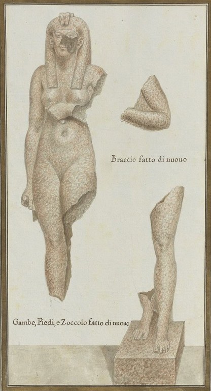 Zeichnung einer fragmentierten ägyptischen Statue einer nackten Frau.