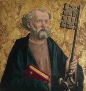 Gemalter alter Mann mit grauen Haaren und Bart in langem Mantel. In den Händen hält er ein rotes Buch und einen großen, goldenen Schlüssel. Goldener Hintergrund.