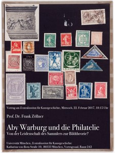 Schwarzer Veranstaltungsflyer mit vielen bunten Briefmarken.