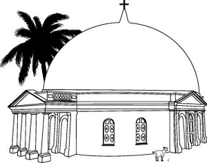 Illustration einer Kirche mit großer Kuppel und Tempelfront.