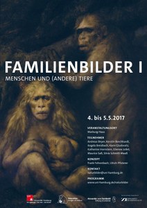 Veranstaltungsplakat mit weißer Schrift. Im Hintergrund: Zwei affenartige Wesen