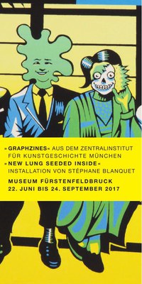 Gelber Veranstaltungsflyer mit schwarzem Text und zwei gezeichneten Personen mit obszönen Gesichtern.