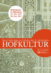 Veranstaltungsflyer. Orangener Streifen mit weißer Schrift. Zeichnung einer prächtigen Gartenanlage aus der Vogelperspektive.