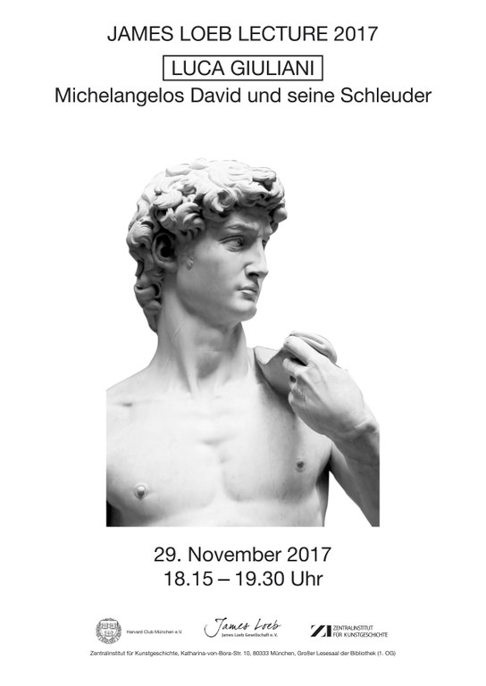 Schwarz-weißer Veranstaltungsflyer. Ausschnitt einer Marmorstatue (Davd)