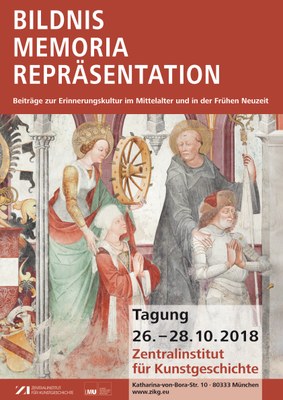 Roter Tagungsflyer. Weiße Schrift. Im Zentrum: Quadratischer Gemäldeausschnitt. Zwei betende Menschen. Hinter beiden steht jeweils eine weitere Person mit Heiligenschein.