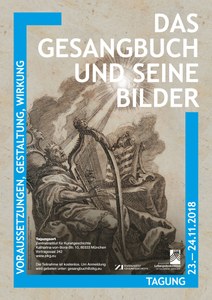 Tagungsflyer. Weiße Überschrift: Das Gesangbuch und seine Bilder. Ausschnitt aus einem Kupferstich mit christlichem Motiv. Blauer Rahmen.