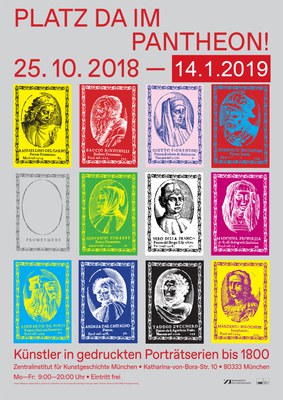 Ausstellungsplakat. Bunte Briefmarken mit bunten Künstlerporträts Rote Schrift.