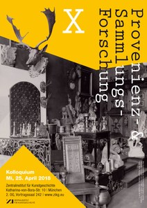 Gelber Veranstaltungsflyer. Schwarzweißfoto eines prunkvoll eingerichteten Innenraums. Die Überschrift lautet: Provenienz- und Sammlungsforschung 10.
