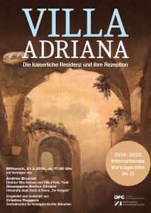 Flyer für die Veranstaltungsreihe Villa Adriana. Colorierte Zeichnung einer antiken Ruine.