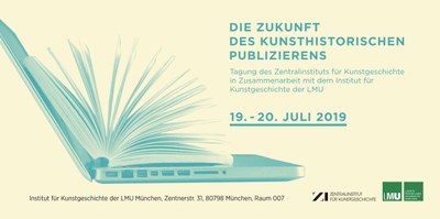 Veranstaltungsflyer. Bläulicher offener Laptop mit aufgeschlagenem Buch.