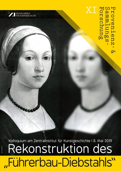 Gelber Flyer für das Kolloquium: Provenienz- und Sammlungsforschung 11. Schwarzweißfoto einer gemalten jungen Frau.