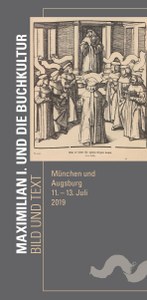 Veranstaltungsflyer: Maximilian I. und die Buchkultur. Weißer Text und schwarz-weiße Druckgrafik.