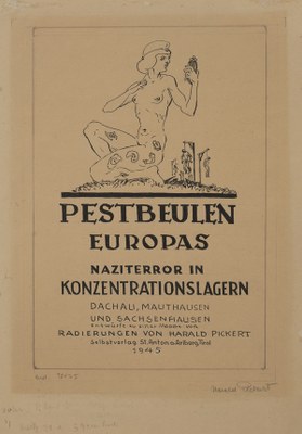 Zeichnung mit dem Titel Pestbeulen Europas. Naziterror in Konzentrationslagern. Eine dünne, nackte Frau kniet auf einer Wiese. Ihr linkes Bein scheint von einer beulenhaften Krankheit befallen zu sein.