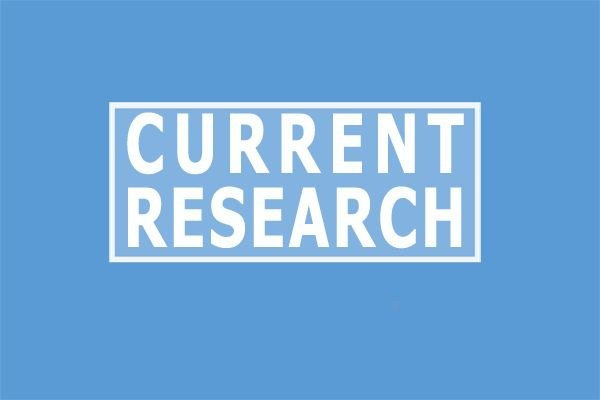 Weiße Schrift auf hellblauem Hintergrund. Current Research
