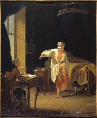 Jean Huber: Voltaire à son lever à Ferney, dictant à son secrétaire Collini, um 1772