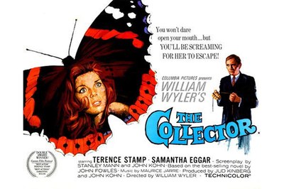 Großer Schemtterling, der auf seinen Flügeln das Gesicht einer rothaarigen Frau trägt. Daneben steht ein Mann im Anzug. Dazwischen steht: William Wyler's The Collector.