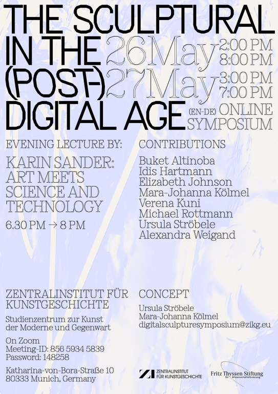 Bläulicher Veranstaltungsflyer für das Online-Symposium: Das Skulpturale im (post-)digitalen Zeitalter.