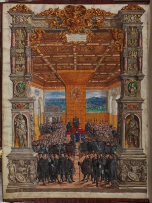 Herzog Albrecht V. von Bayern empfängt Gesandte; Bayerische Staatsbibliothek München, BSB Mus.ms. A I(1, Seite 4