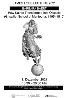 Plakat Veranstaltung. Zeichnung einer antiken Frau mit wehenden Gewändern. Nach der Vorlage von: School of Andrea Mantegna (1431-1506), Grisaille with Occasio and Poenitentia, fresco transferred to canvas, ca. 1495-1510. Mantua, Museo della Città di Palazzo San Sebastiano, inv. no. 1105, 154 × 174 cm. Photo: Scala, Florence.