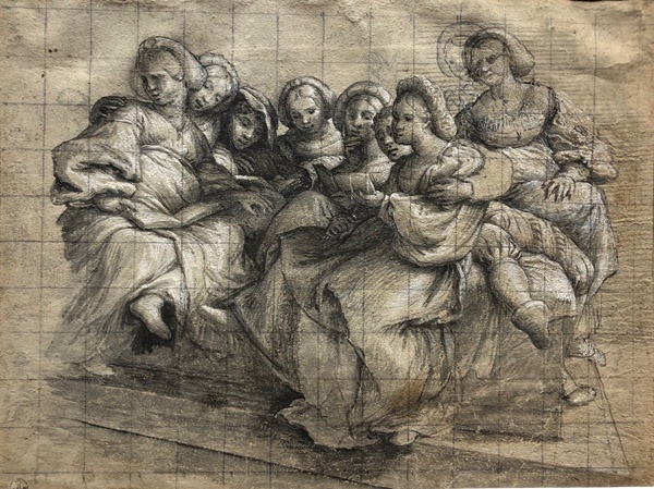 Lorenzo Lotto, Six Women and Two Youths singing, pen and ink with wash and white heightening over black chalk, 249 x 324 mm (Florence, Gallerie degli Uffizi). 