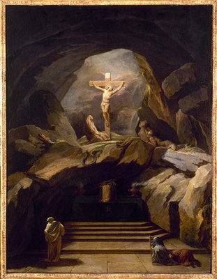 Gekreuzigter Mann hängt in einer Höhle genau unter einer Öffnung durch die Licht einfällt. (Gemälde)