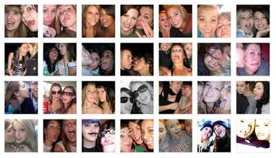 In kleinen quadratischen Kacheln stehen Selfies von jungen Fauen neben- und untereinander.