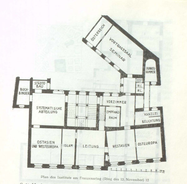 Workshop Jo Ziebritzki_Plan des 1. Kunsthistorischen Institut Wien 1910-1922 am Franzensring 20, Wien, Leitung Josef Strzygowski. Abbildung in: Festschrift für Josef Strzygowski, zum 70. Geburtstag dargebracht von seinen Schülern, Klagenfurt: Artur Kollit