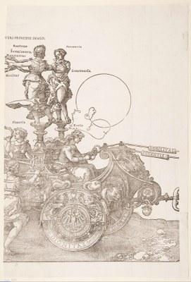 Kupferstich. Viele Personen befinden sich in oder um eine Art Streitwagen.