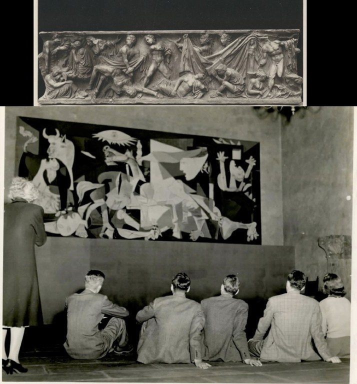 Zwei Bilder übereinander. Oben: Antikes Steinrelief. Unten: Eine Gruppe Besucher sitzt vor einem großen kubistischen Gemälde.