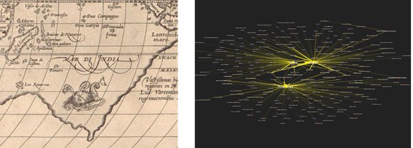 Links: Ausschnitt aus einer alten braunen Landkarte. Rechts: Digitales Cluster verschiedener Datenpunkte auf schwarzem Hintergrund.
