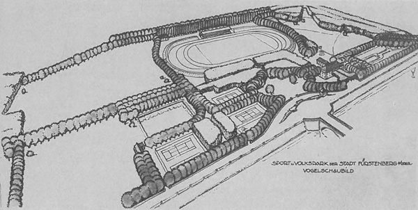 Sportpark der Stadt Fürstenberg an der Oder, entworfen und ausgeführt von der Abteilung Gartengestaltung der Baumschule L. Späth, 1920er Jahre