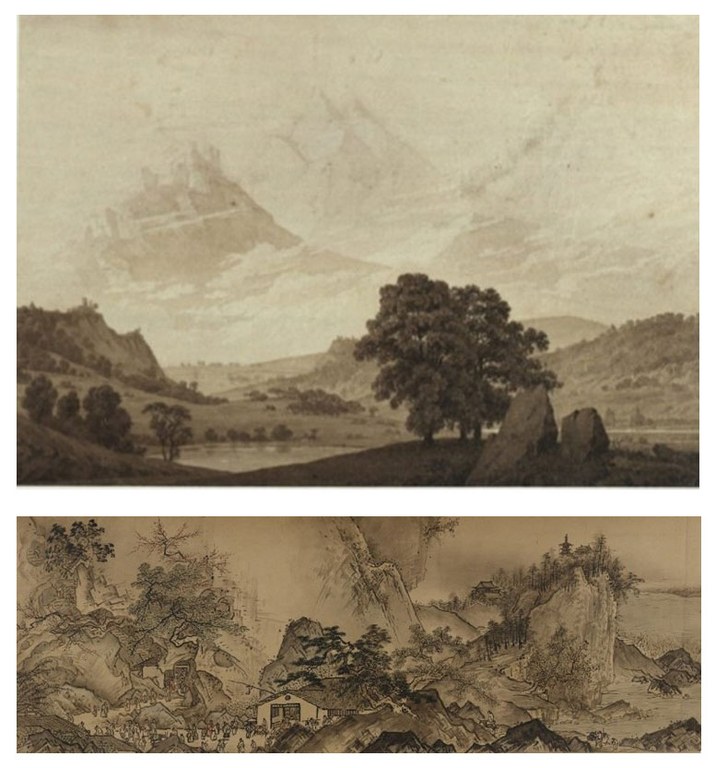 Caspar David Friedrich, Cycle of the Four Seasons (Autumn), 1803; Sesshū Tōyō, Long Landscape Scroll (Autumn), 1486. Zwei Gemälde mit Naturpanorama.