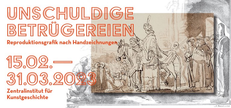 Ausstellungsplakat mit orangener Schrift und einer gräulichen Zeichnung eines Reiters neben anderen Menschen. 