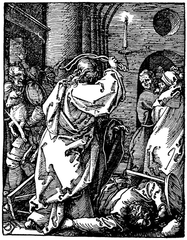 Abbildung einer Druckgrafik. Dargestellt: Christus schlägt bei der Reinigung des zu einer Räuberhöhle verkommenen Tempels von Jerusalem mit einem Strick auf Händler und Pharisäer ein