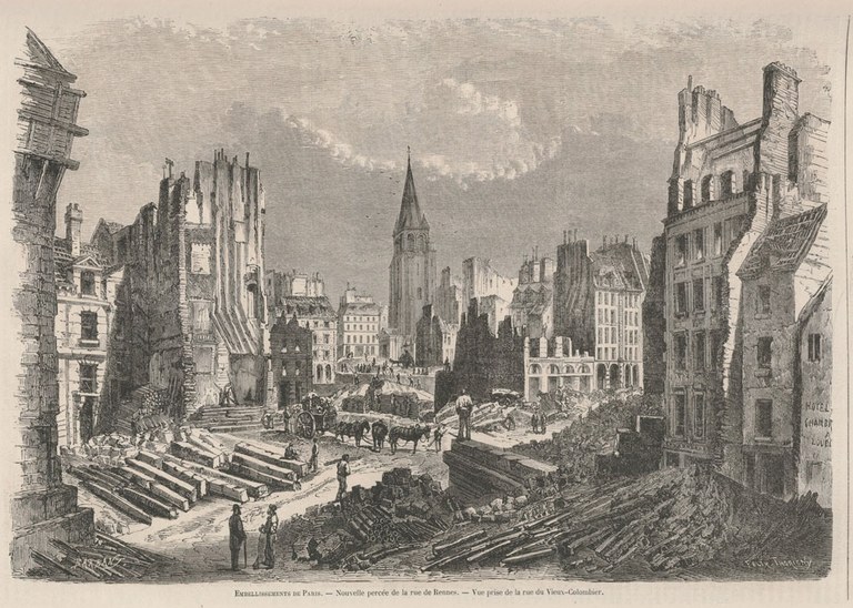 Zeichnung einer zerstörten Stadt. Alle Häuser sind ausgebrannt oder nur noch Ruinen.