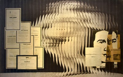 Collage aus Todesanzeigen, Gemälden und anderen Zeitungsartikeln.