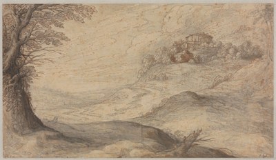 Grafik: Hügelige Landschaft mit antiker Ruine, um 1630/32