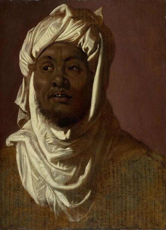 Gemaltes Porträt eines schwarzen Mannes mit Turban.