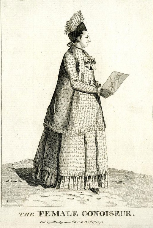 Eine Frau in einem prächtigen weiten Kleid hält eine Zeichnung in der Hand. Unter ihr steht: The female Conoiseur.