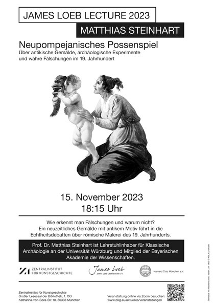 Veranstaltungsplakat Loeb Lecture 2023. Eine Frau hält einen nackten Knaben in die Höhe. Dieser hält sich eine antike Maske vors Gesicht.