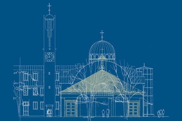Schematische Zeichnung der griechisch-orthodoxen Allerheiligenkirche in München