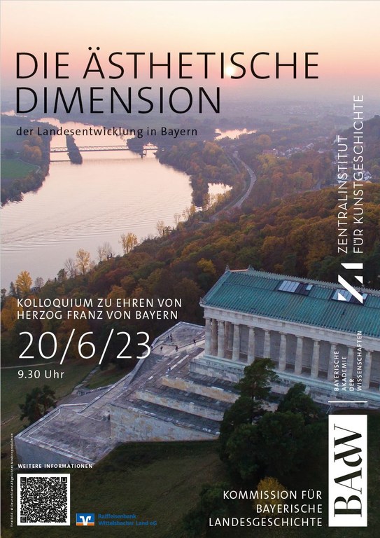 Veranstaltungsflyer: Die ästhetische Dimension. Antiker Tempel auf Hügel neben Fluss.