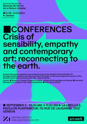 Veranstaltugnsplakat für die Konferenz "Crisis of sensibility, empathy and contemporary art: reconnecting with the earth". Vor lila und gränen Formen schwarze Schrift mit Titel-, Orts-, Zeitangaben etc.