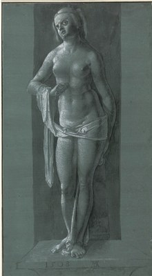 Zeichnung. Nackte Frau, mit einem Tuch notdürftig bedeckt