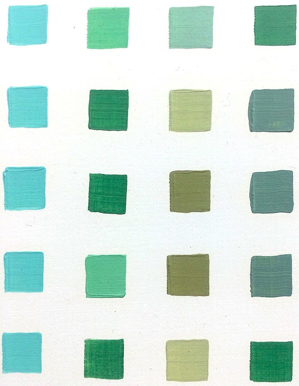 Gemalte Quadrate in verschiedenen Grüntönen