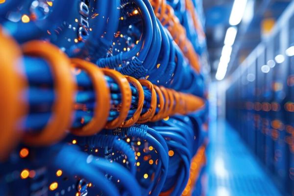 Aufnahme eines Computerserverraums. Zu sehen sind viele blaue und orangene Kabel und blinkende Lichter.