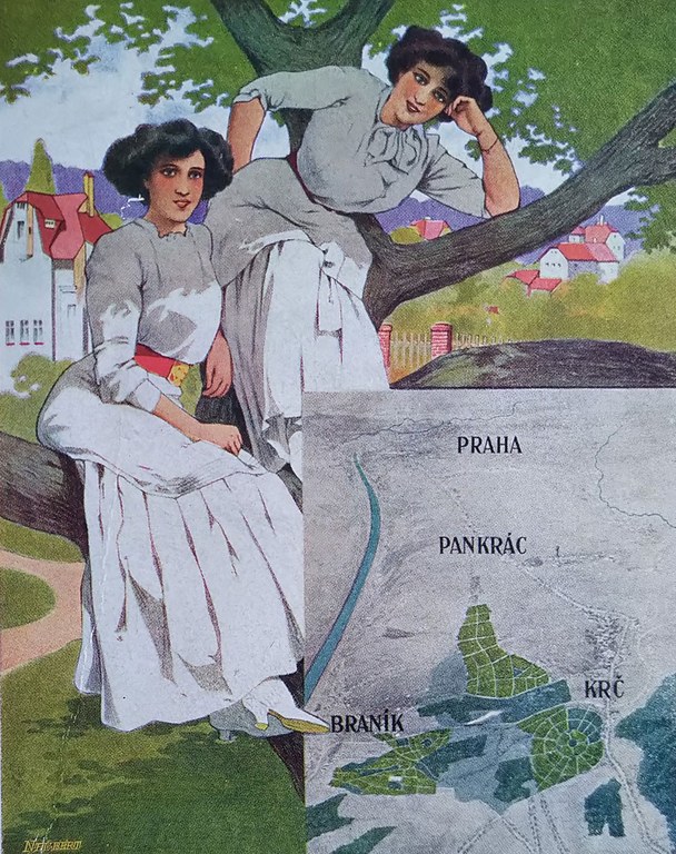 Gemalte Postkarte von 1911. Zwei Fraue sitzen auf einem Baum. Eine eingeblendete Landkarte zeigt, dass es sich um eine Szene aus Prag handelt