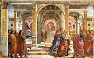 Bildliche Darstellung, Motiv: Die Vertreibung Joachims aus dem Tempel. Renaissance Gemälde