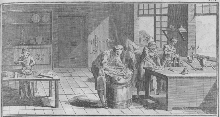 Graue Zeichnung eines großen Innenraums. Dort arbeiten einige Menschen anverschiedenen Arbeitstischen.