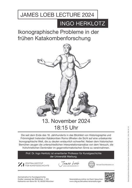 Veranstaltungsplakat James Loeb Lecture 2024. Ein nackter Mann wird von zwei Löwen umgeben.